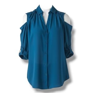 Candie’s Women’s Blue Cold Shoulder Button-Down Blouse Sz Medium